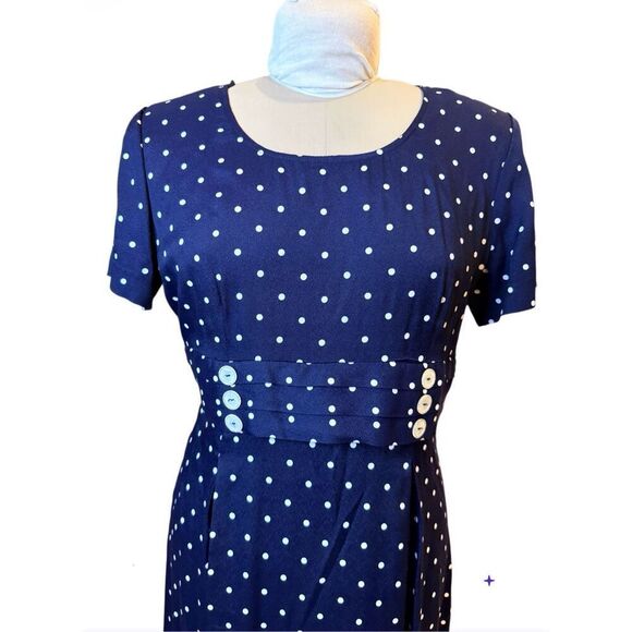Casual Corner Vtg 1990’s Navy Blue White Polka Dot Dress Set Waist Sz. 11/12 - Picture 3 of 9